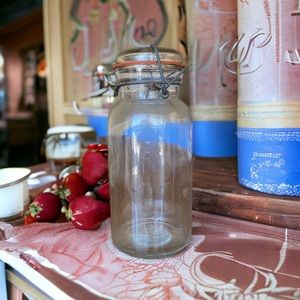 Vintage Seeded Glass Canning Jar with Lid and Seal.  Metal secures lid.